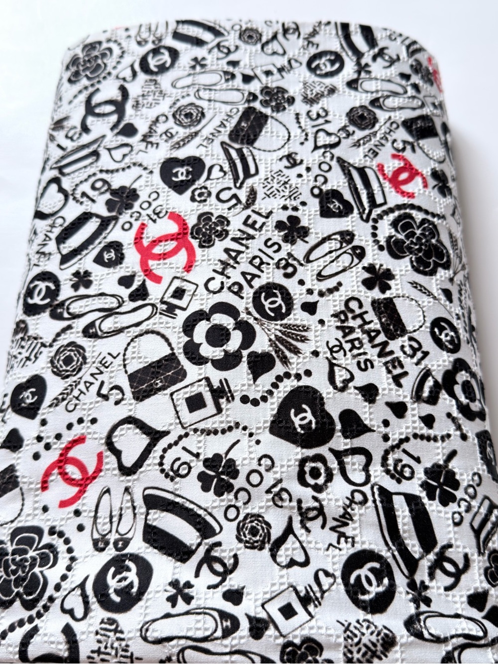CHANEL White with Black Logo Motif and Red Accents Fabric, 54” Wide, 3 Yard